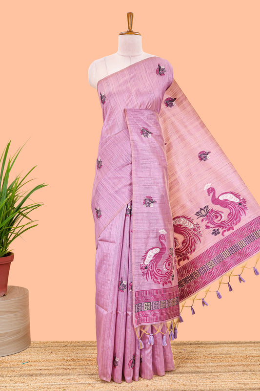 Lavender munga cotton peacock butta saree with fine thread weaving, borderless style and matching blouse