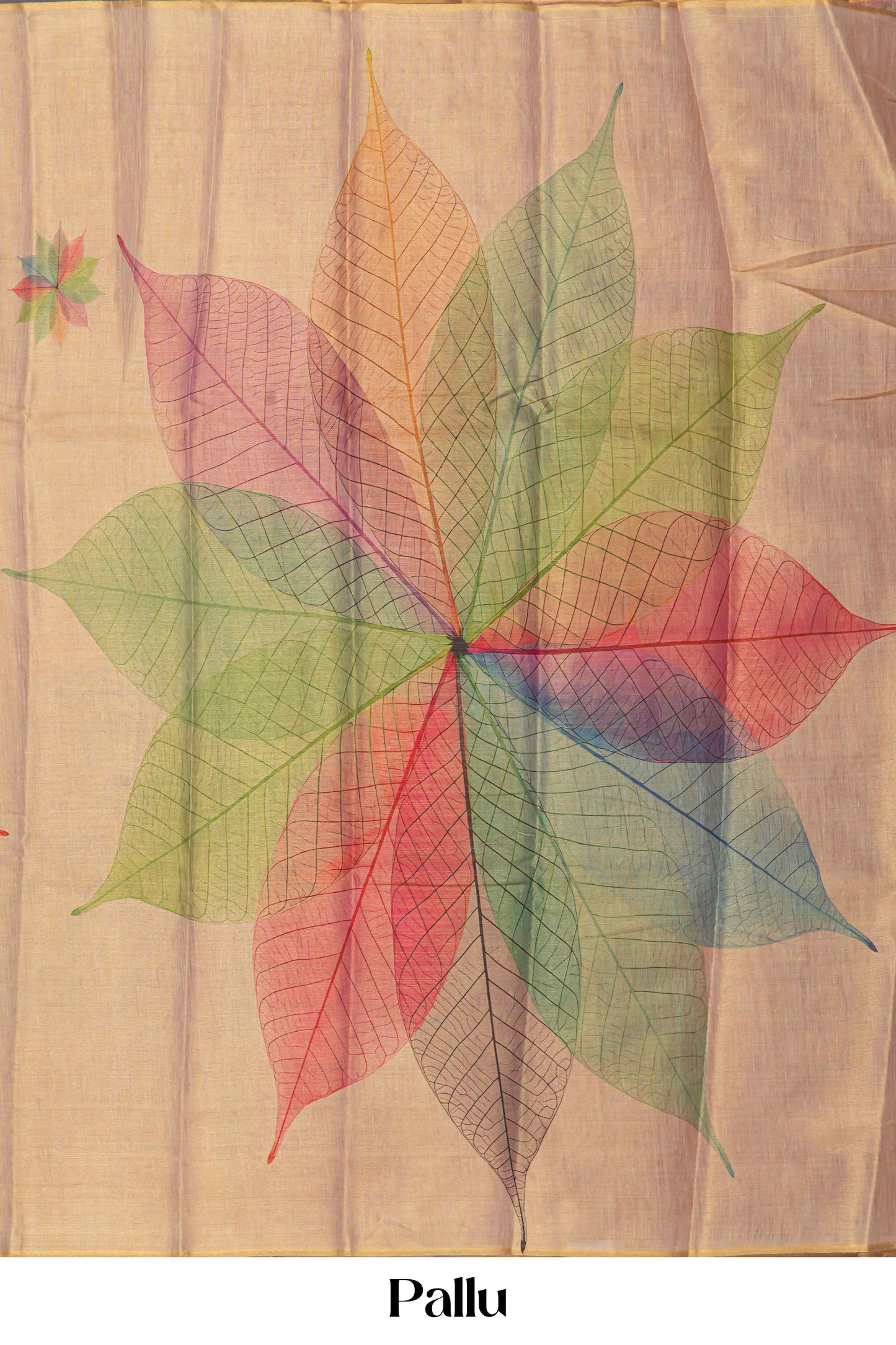 Colorful leaf pattern on a beige fabric with 'Pallu' 