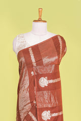 Copper Brown Viscose Georgette Saree Zari Woven Stripes, Floral Design Across The Body With Paisley Motifs Pallu