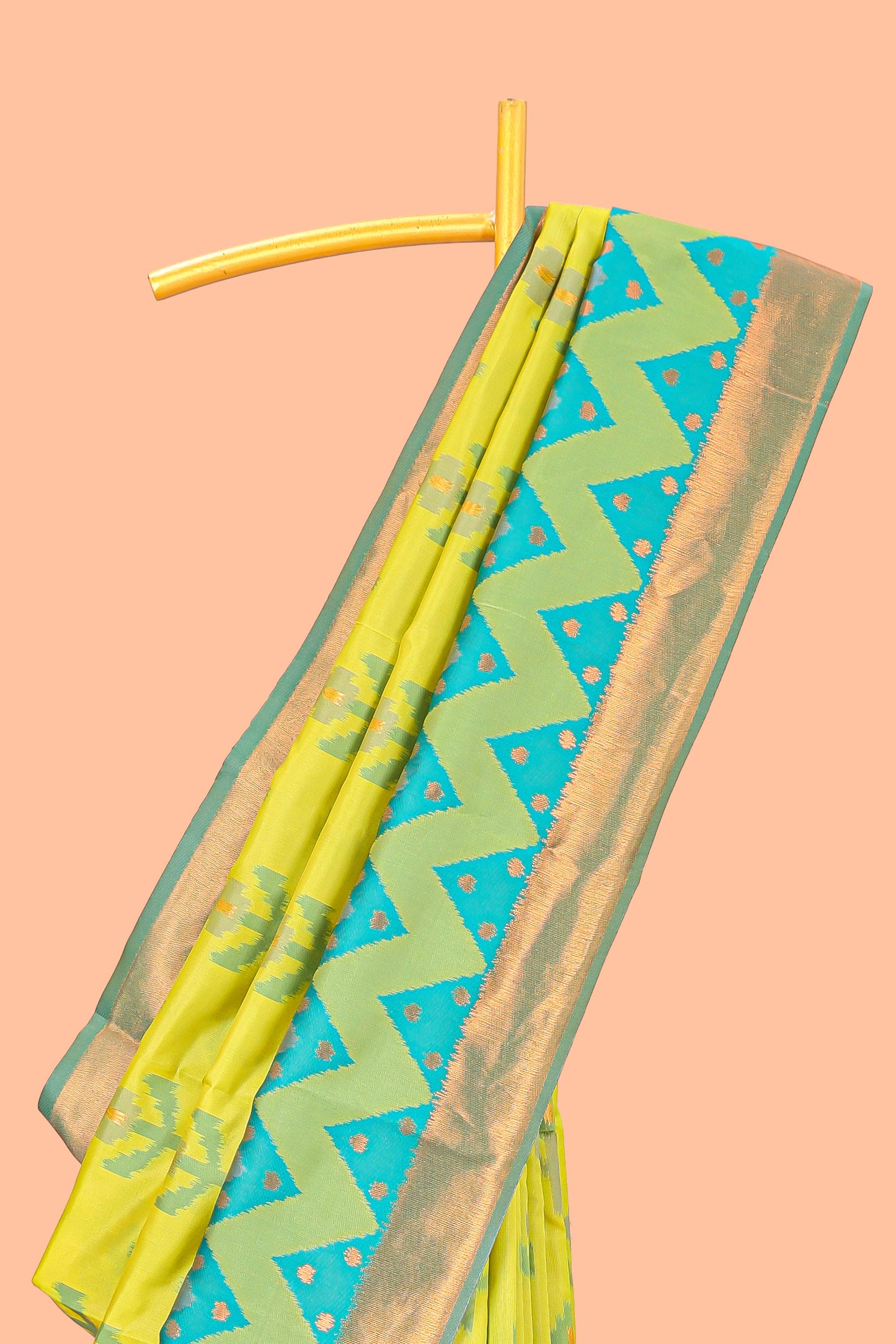 Parrot Green Semi Soft Silk Saree Body All Over Ikkat Pochampally Thread Weaving and Chevron Pattern Border With Ikkat Rich Pallu