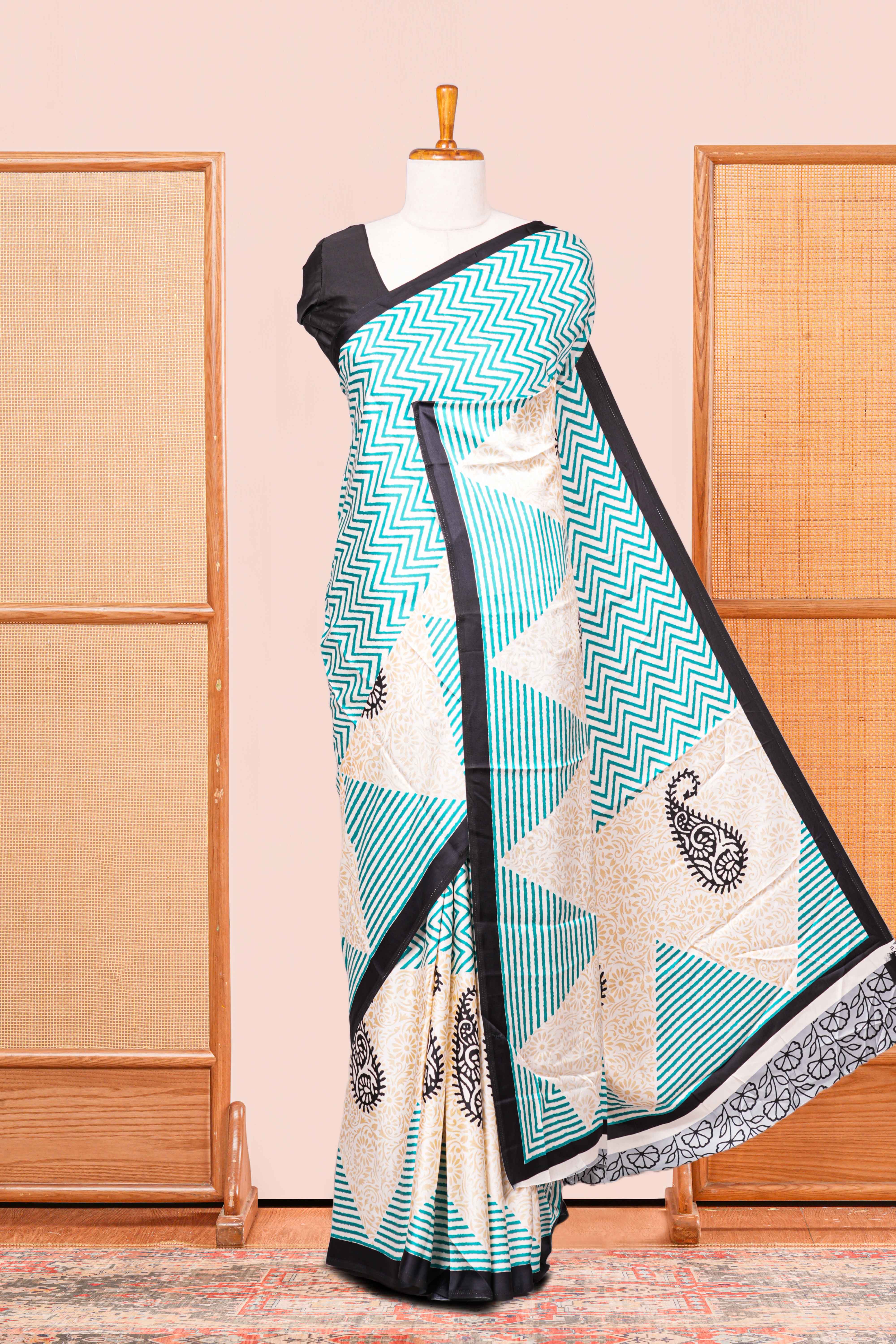 Modal Silk Saree Lightweight ,Flowy. Chevron Design ,Contrast Border Along With Floral Printed Blouse