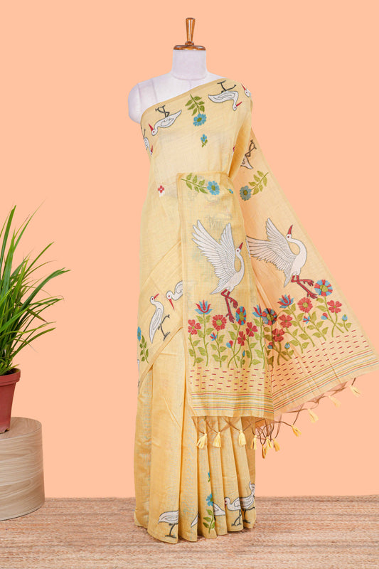 Borderless sandal floral and birds design munga cotton saree with floral and crane printed pallu and matching blouse