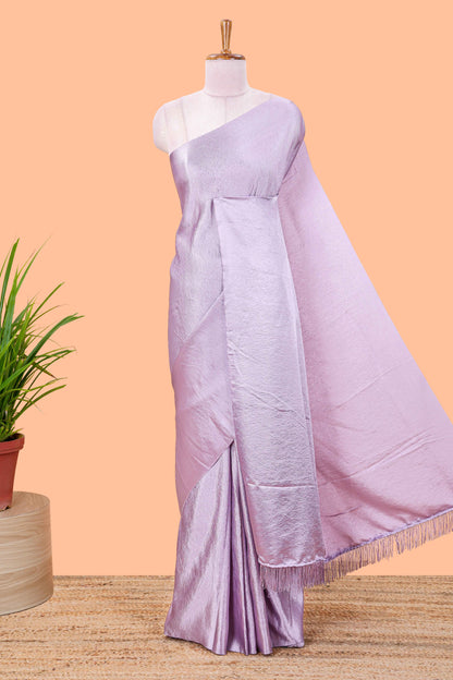 Lavender chiffon georgette crush saree with all-over stone work, stone & beads border, and short stone work pallu with contrast embroidery blouse