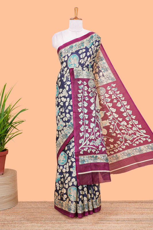Blue floral vine kalamkari style south cotton saree with contrast border and blouse