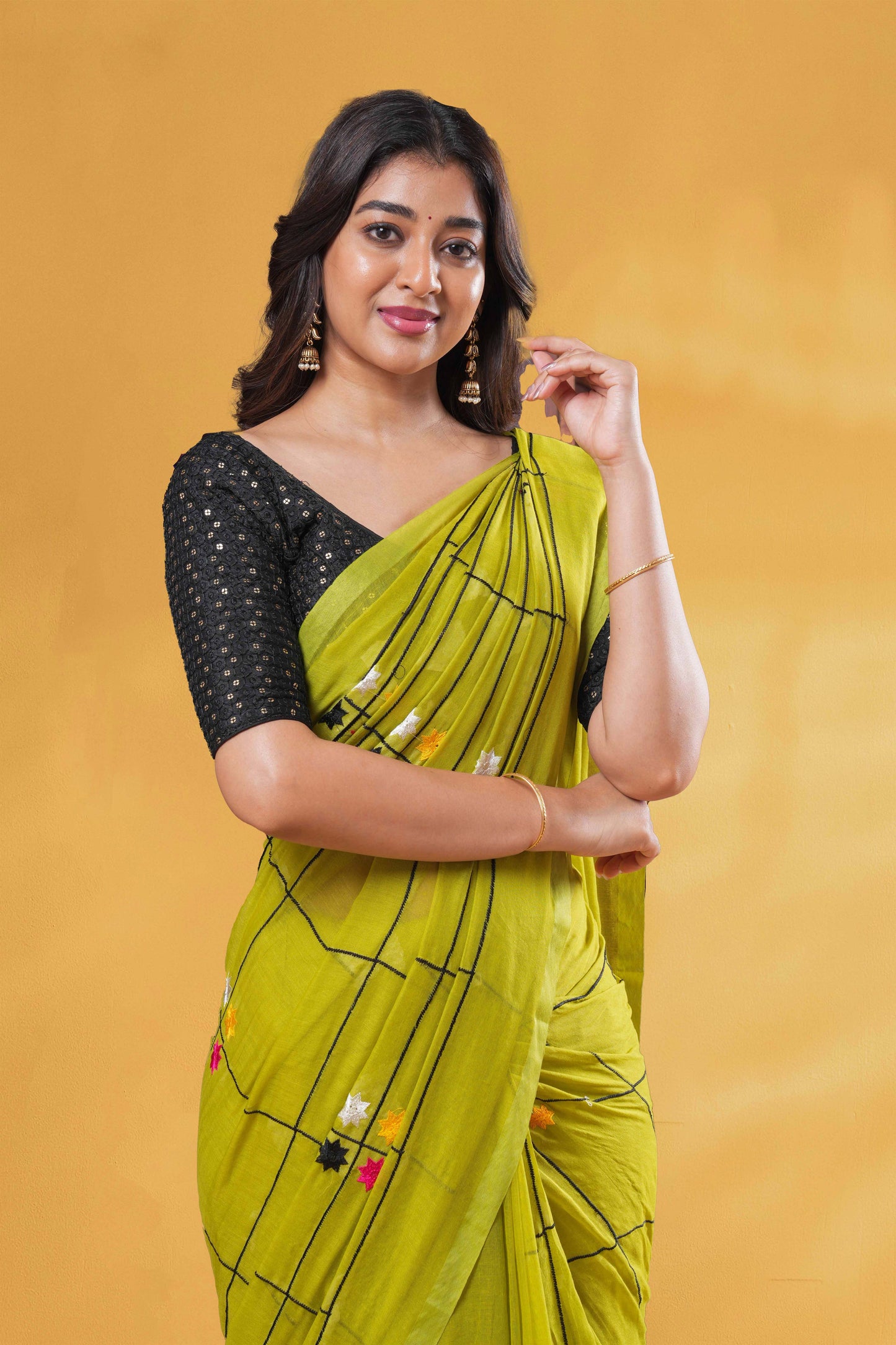 Olive Green Khadi Cotton Saree All-Over Check , Minimal Embroidery