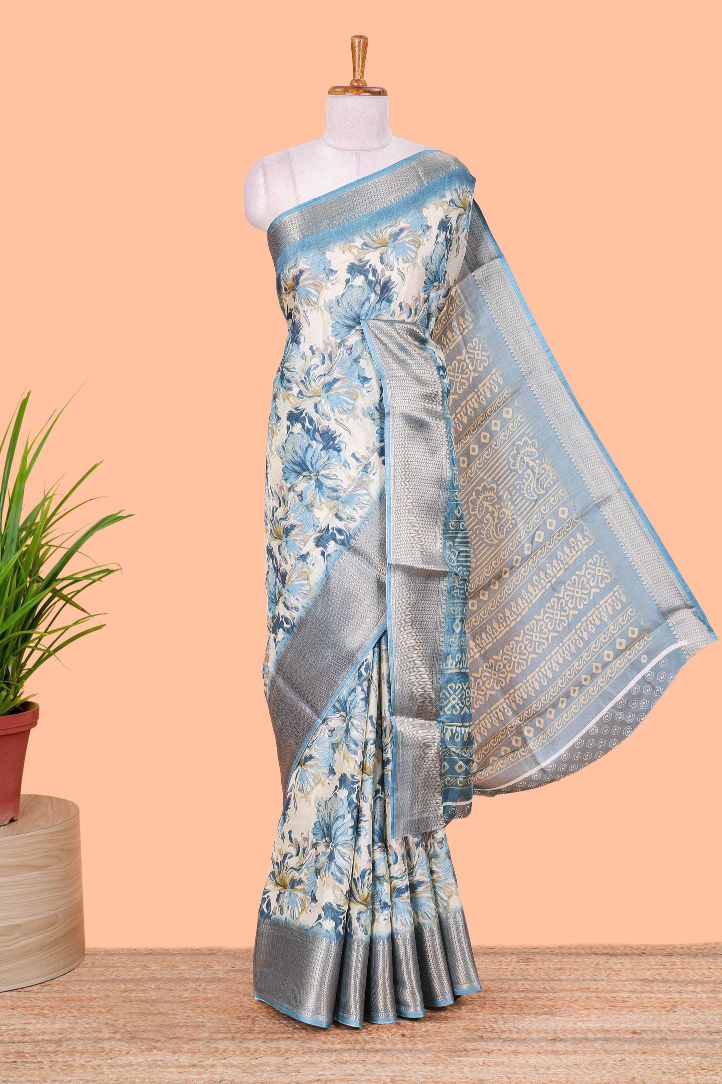 Sky Blue Semi Banaras Dola Silk Floral Printed With Jacquard Border