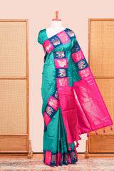 Peacock Blue Semi Art Silk Saree All Over Zari Butta With Contrast Zari Pallu