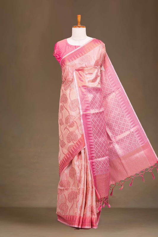 Peach Linen Tissue Saree  Floral Leaf Motifs Woven Contrast  Geometric Design In Pallu