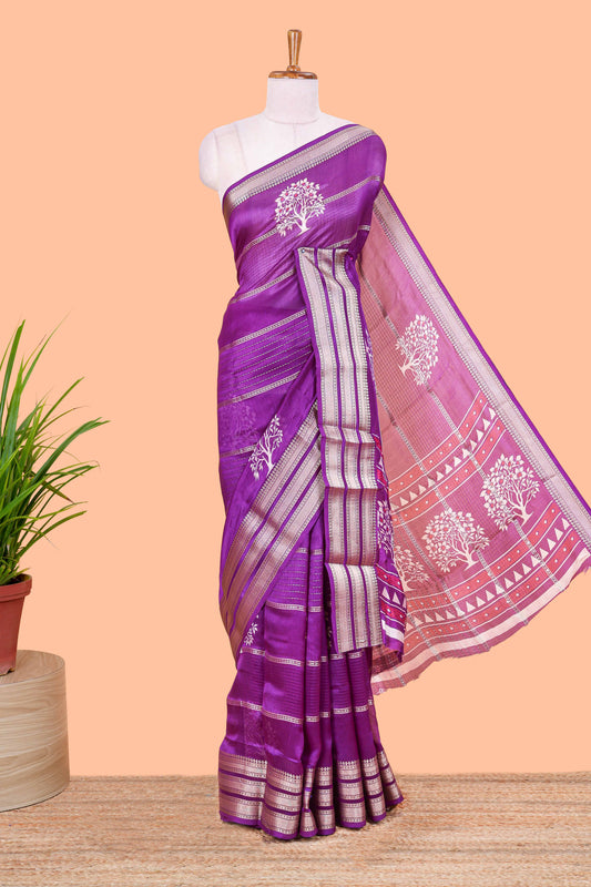 Violet Striped tree butta moss chiffon saree with self triple zari border and matching blouse