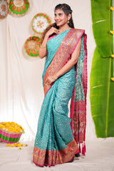 Peacock blue geometric design kota cotton saree with contrast border and printed pallu