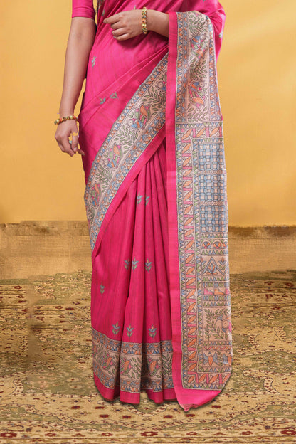 Art Tussar Saree Leaf Motifs Across The Body & Madhubani Print Pallu Along With Blouse
