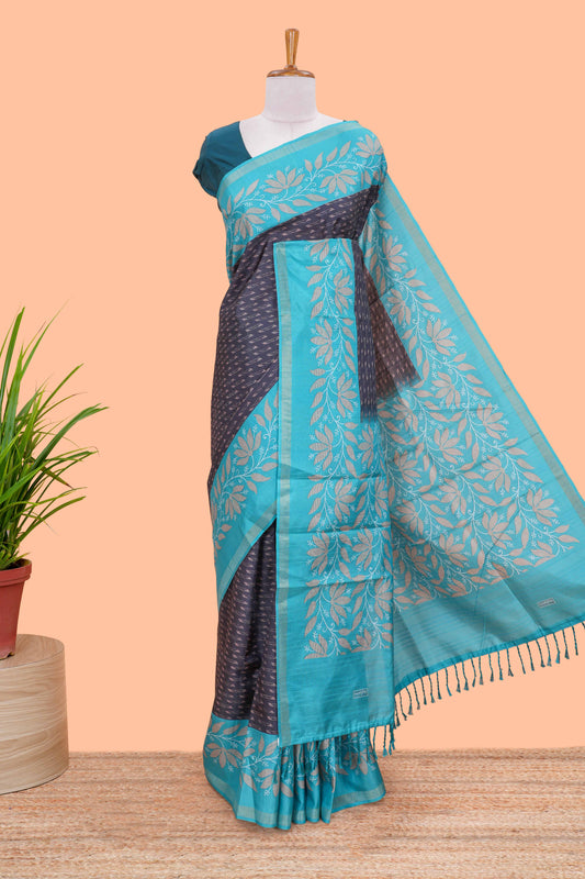 Black Semi Tussar Saree All Over Digital Print And Contrast Pallu