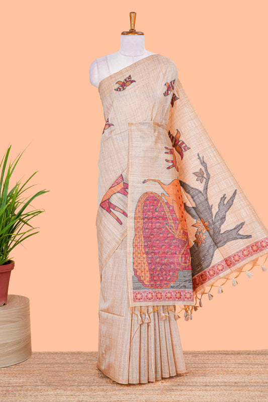 Borderless sandal animal themed woven munga cotton saree with printed pallu and blouse