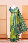 Green Retta Petta Art Silk Saree With Plain Body Retta Petta Border Contrast Intricate Gold Zari Stripes Pallu