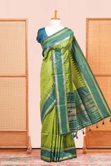 Green Retta Petta Art Silk Saree With Plain Body Retta Petta Border Contrast Intricate Gold Zari Stripes Pallu