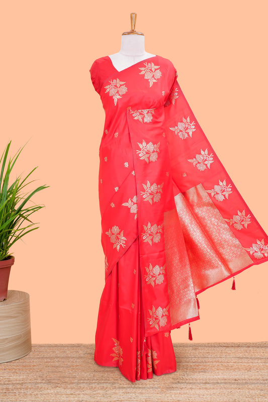 Red Art Silk Saree Flower Zari Motifs Across The Body &Jaal Design Pallu Along With Blouse