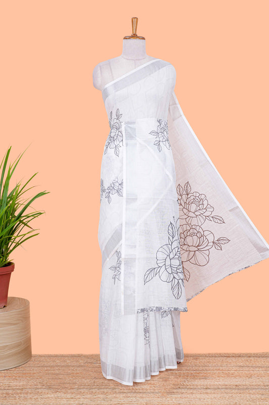 White floral design linen cotton saree with self silver zari border printed blouse