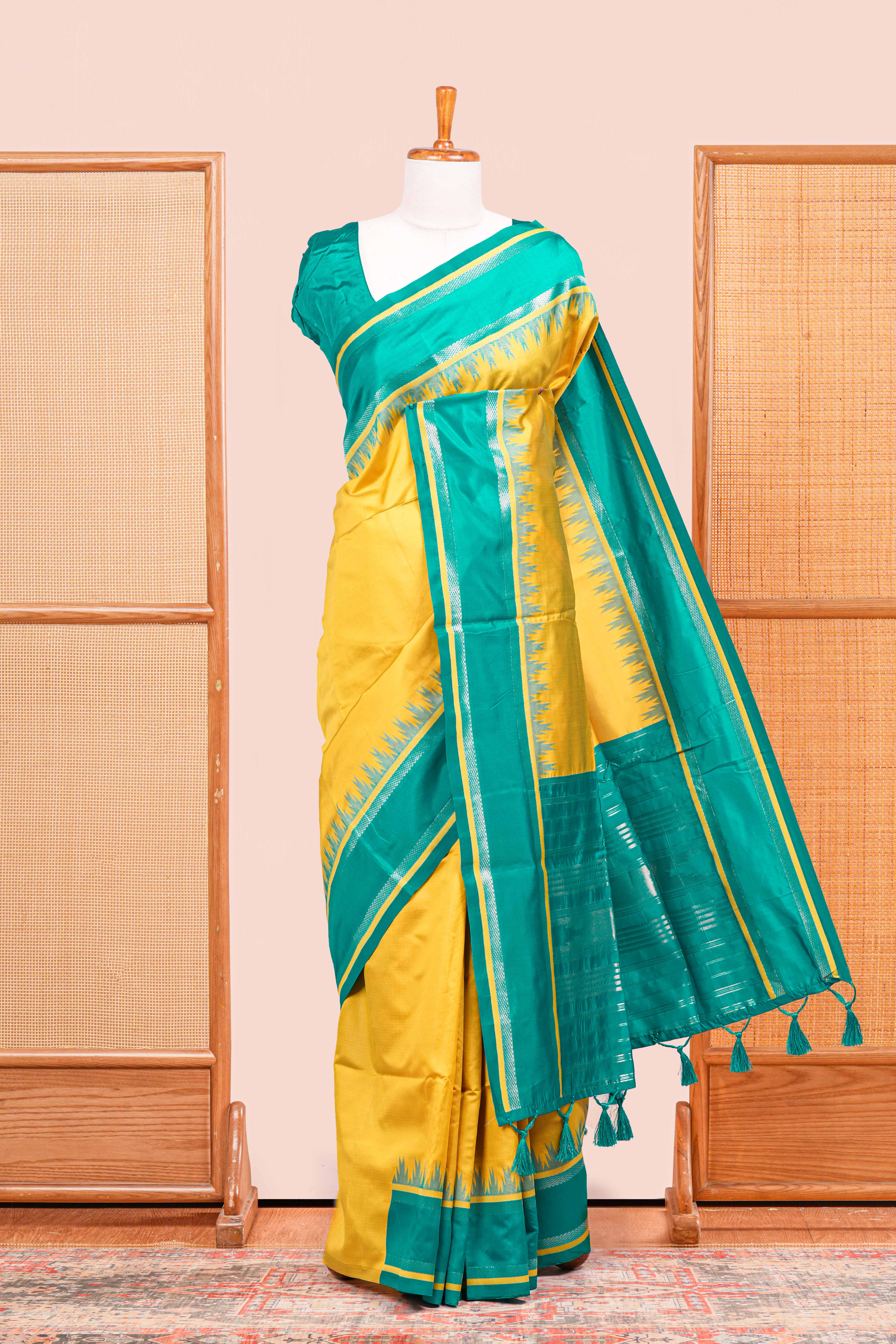 Yellow Retta Petta Art Silk Saree With Plain Body Retta Petta BorderContrast Intricate Gold Zari Stripes Pallu