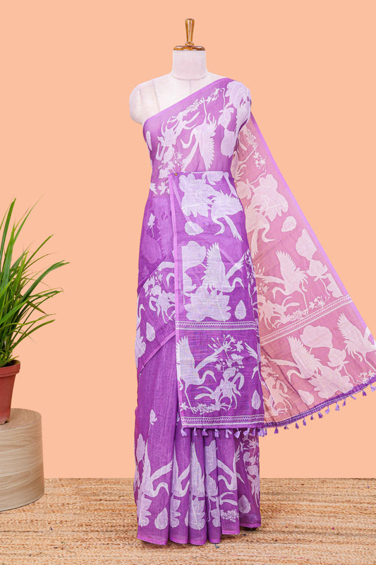 Lavender Linen Cotton Body Lotus Flower With Border Crane And Lotus Print and Printed Blouse