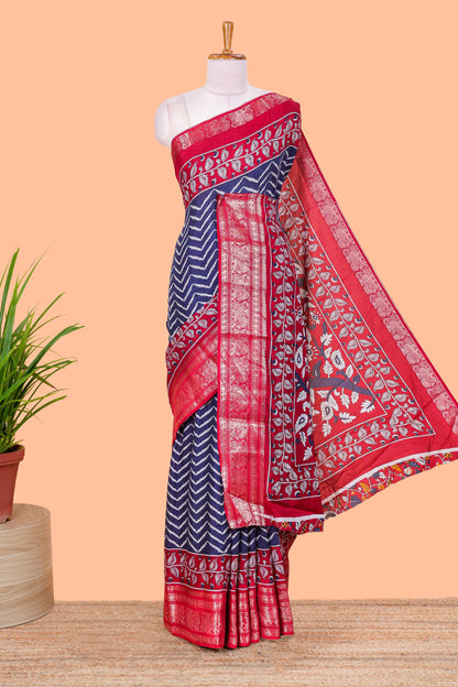 Navy Blue Tusser Silk Geometrical Design With Jacquard Border