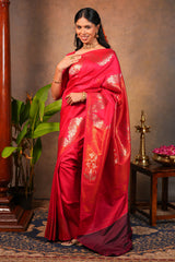 Rani pink Semi Silk Saree Gold Zari Woven Paisley Motifs with Woven Zari Border and Contrast Blouse
