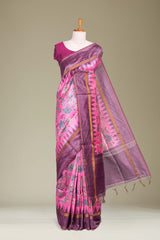 Pink chanderi Saree Floral Vine Design Across The Body With Contrast Pallu