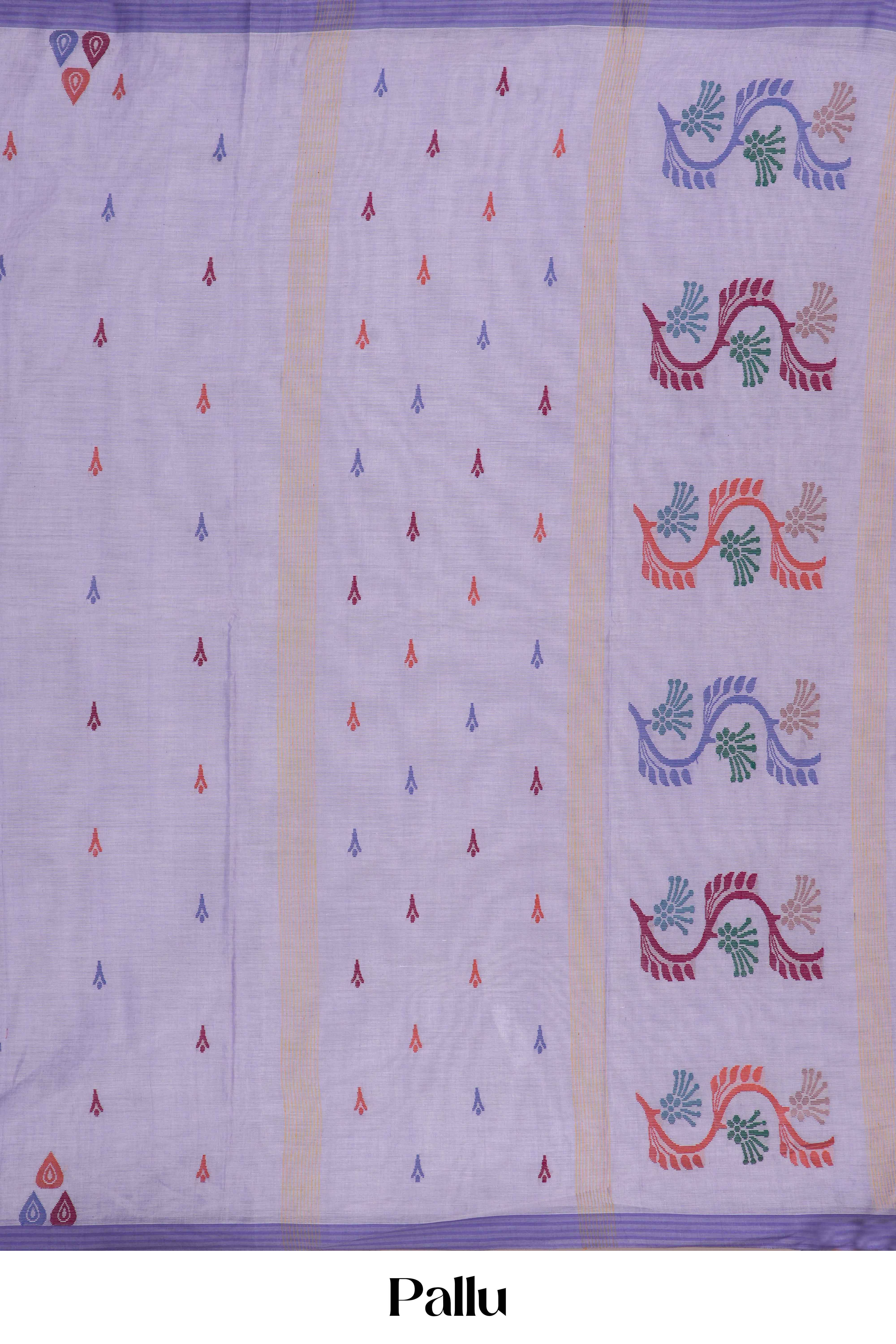 Lavender Bengal Cotton Saree with Multicolor Thread Butta and Artistic Pallu