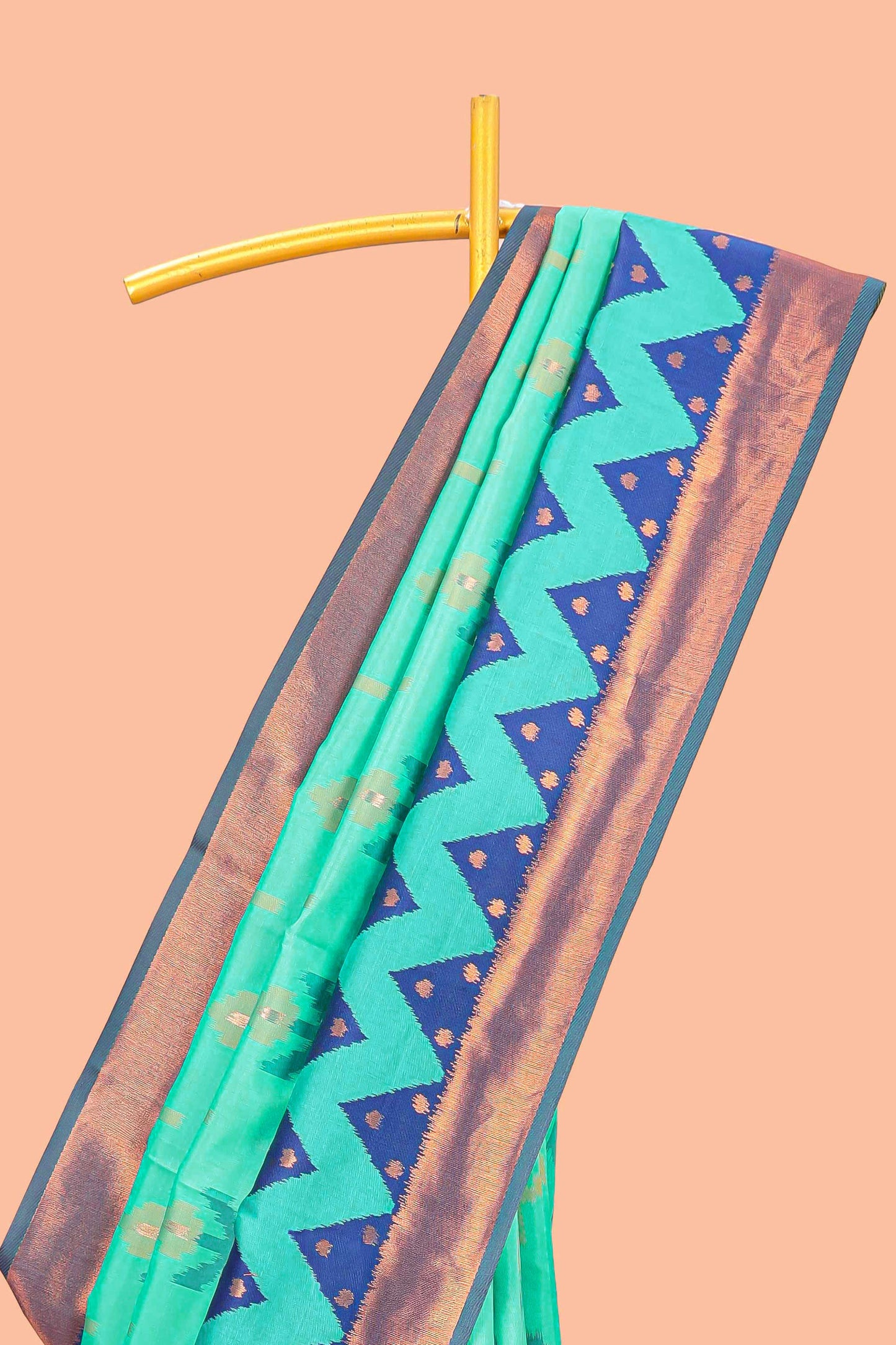 Rama Green Semi Soft Silk Saree Body All Over Ikkat Pochampally Thread Weaving and Chevron Pattern Border With Ikkat Rich Pallu