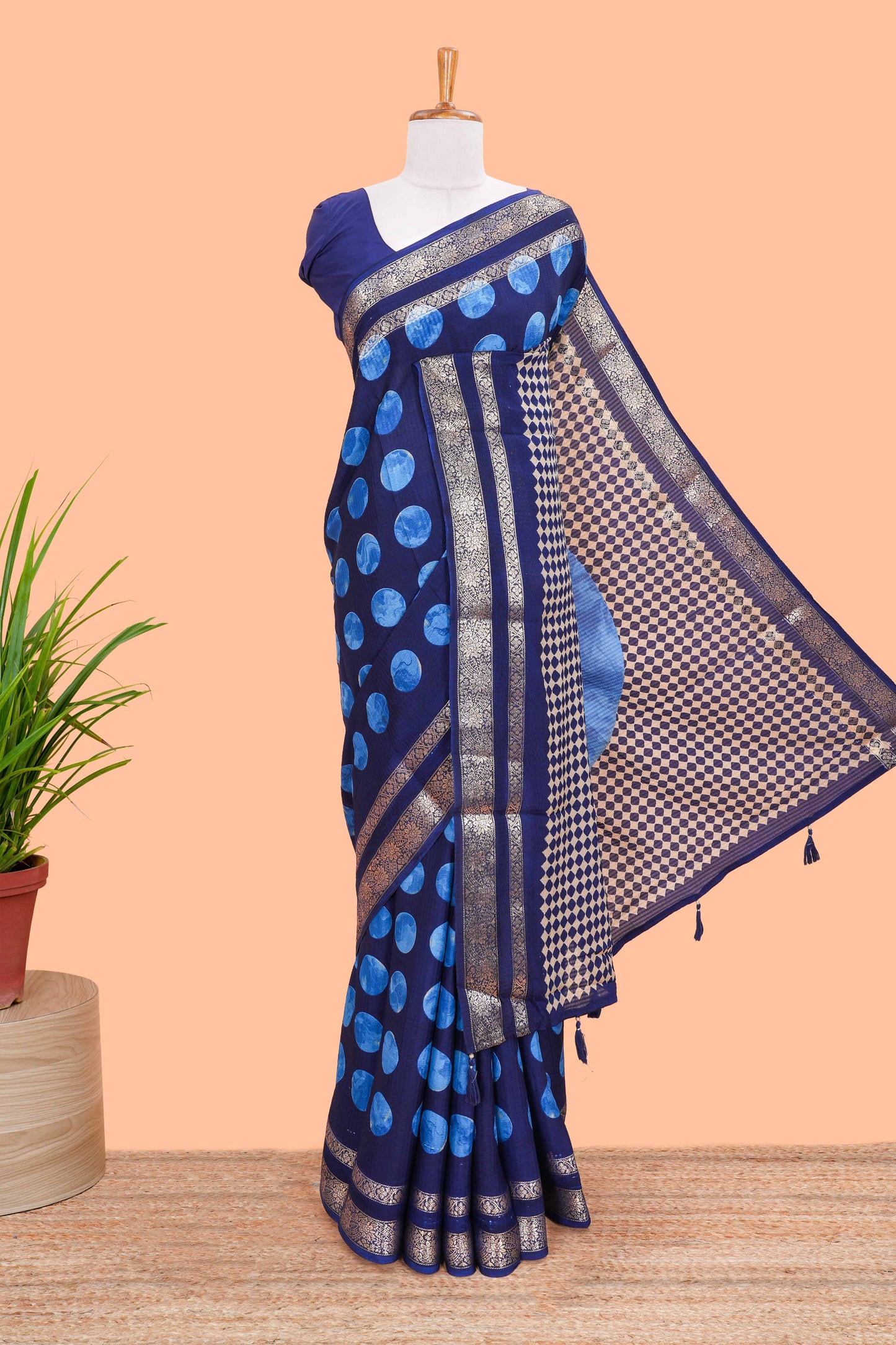 Blue Semi Chiffon Saree All Over Moon Design And Retta Petta Border
