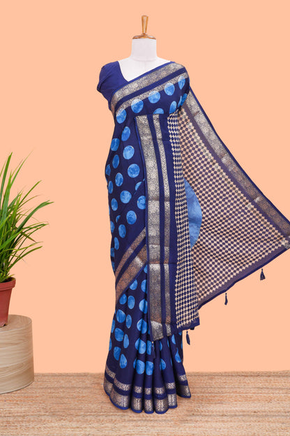Blue Semi Chiffon Saree All Over Moon Design And Retta Petta Border