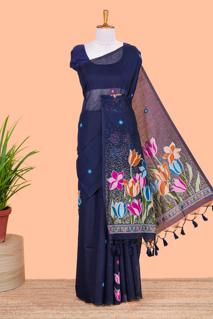 Borderless blue floral motif munga cotton saree with floral printed pallu and matching blouse
