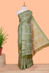 Green south cotton saree with bandhini print body & pallu and silver bawanchi border