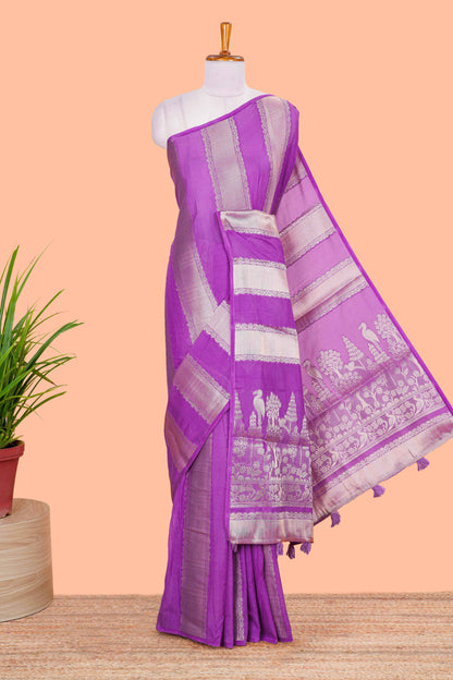 Lavender Georgette Saree Copper Zari Stripes Across The Body With Floral Design Pallu