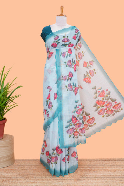 Linen Saree Body Printed With Outing Zari With Piping Cut Work