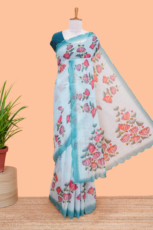 Linen Saree Body Printed With Outing Zari With Piping Cut Work