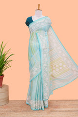 Green Brasso Saree Foil Printed Across The Body And Floral Motifs Pallu