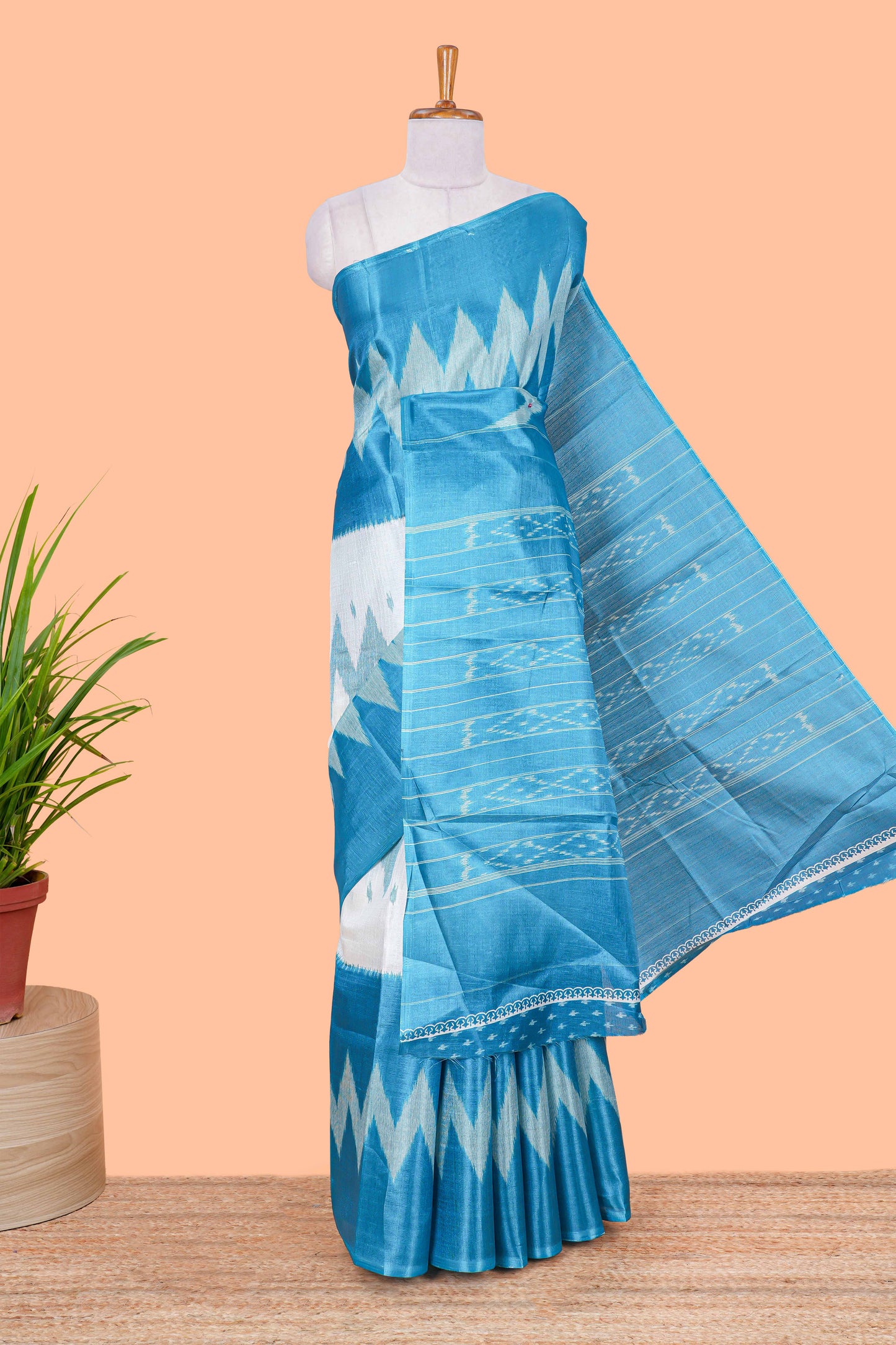 Blue & white geometric ikkat style south cotton saree with striped pallu and blouse