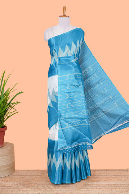 Blue & white geometric ikkat style south cotton saree with striped pallu and blouse