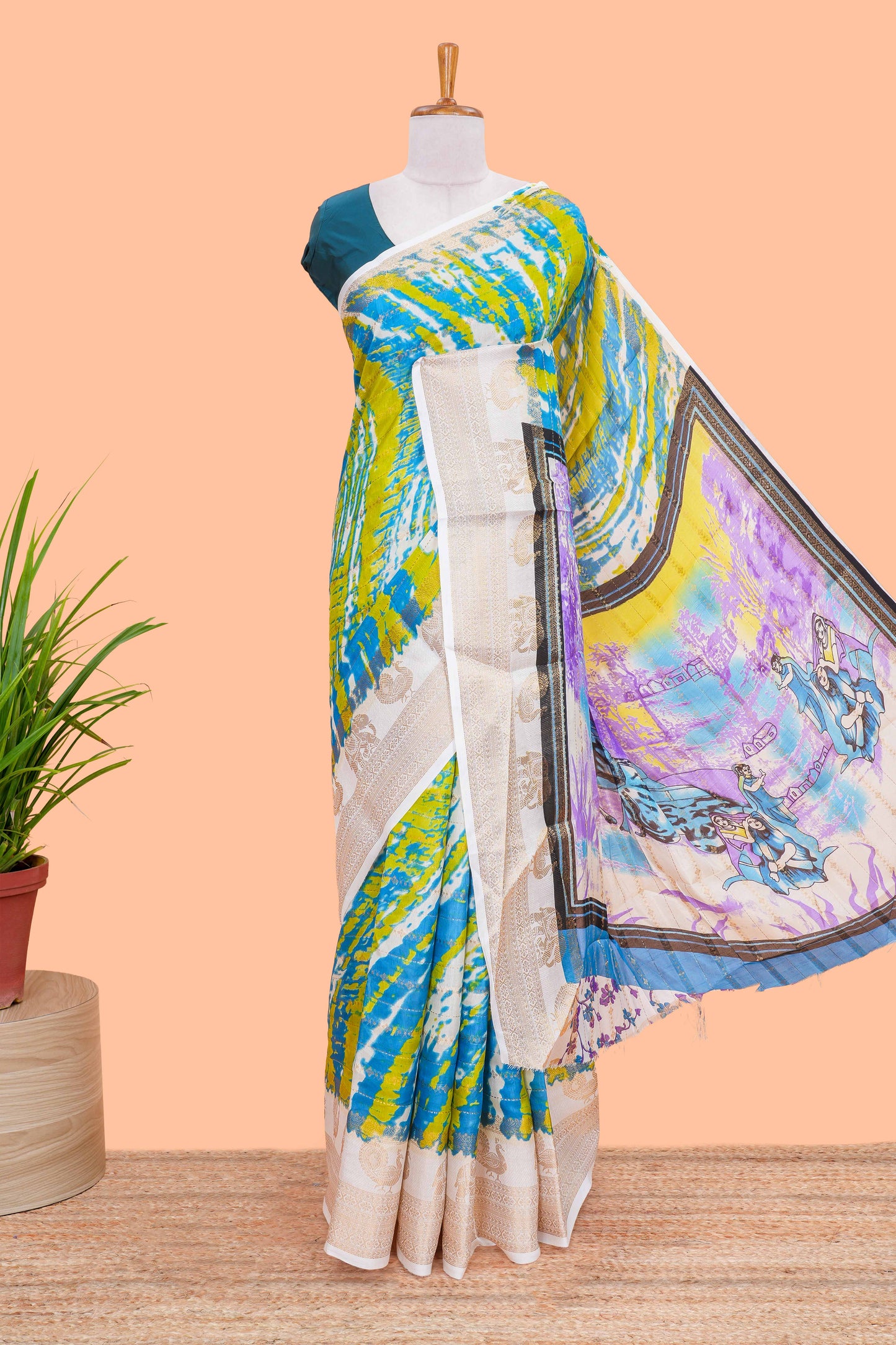 dolo silk saree with tie and dye abstract print all over body with kanchipuram border and rajastani village art pallu and floral print blouse