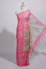 Bright pink warli printed semi tussar sareewith contrast warli printed pallu and matching blouse