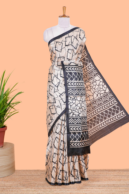 Cream Khadi Cotton Geometrical Print Design In Body And Pallu