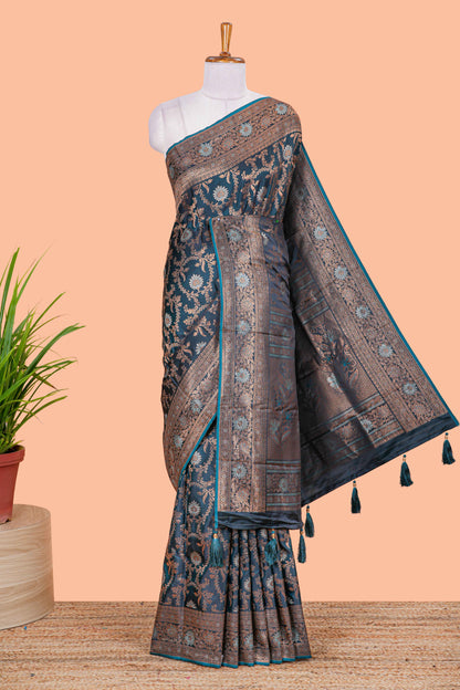 Bluish Green Banaras Satin Silk Saree All Over Body Woven Jaal Design