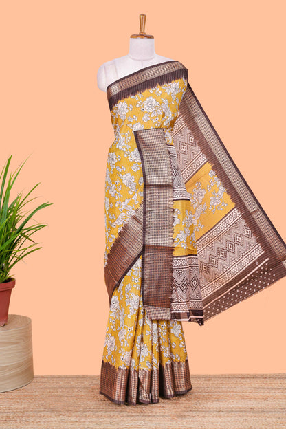 Yellow Dola Silk Saree  Floral Printed With Jacquard Border