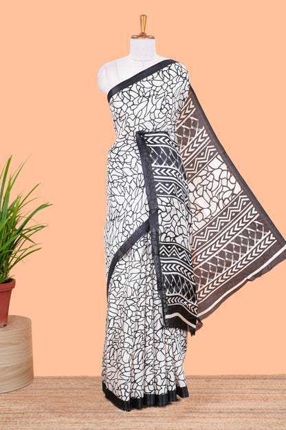 White With Black Khadi Cotton Abstract Print Design In Body and Pallu