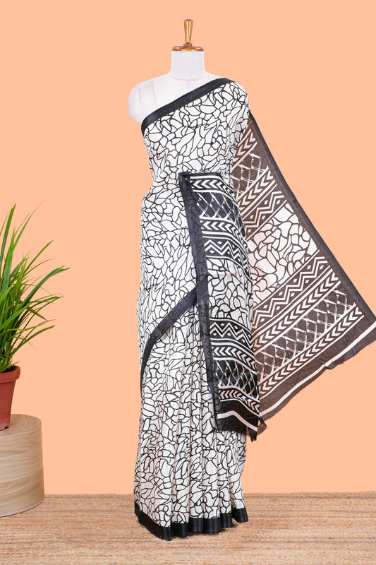 White With Black Khadi Cotton Abstract Print Design In Body and Pallu