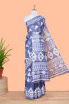 Blue floral and geometric print south cotton saree with self border and matching blouse
