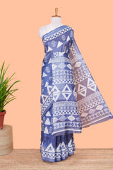 Blue floral and geometric print south cotton saree with self border and matching blouse