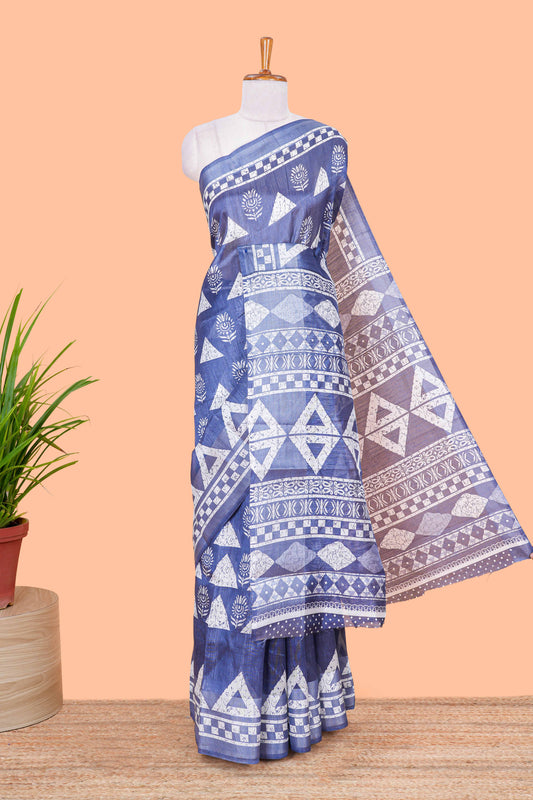 Blue floral and geometric print south cotton saree with self border and matching blouse