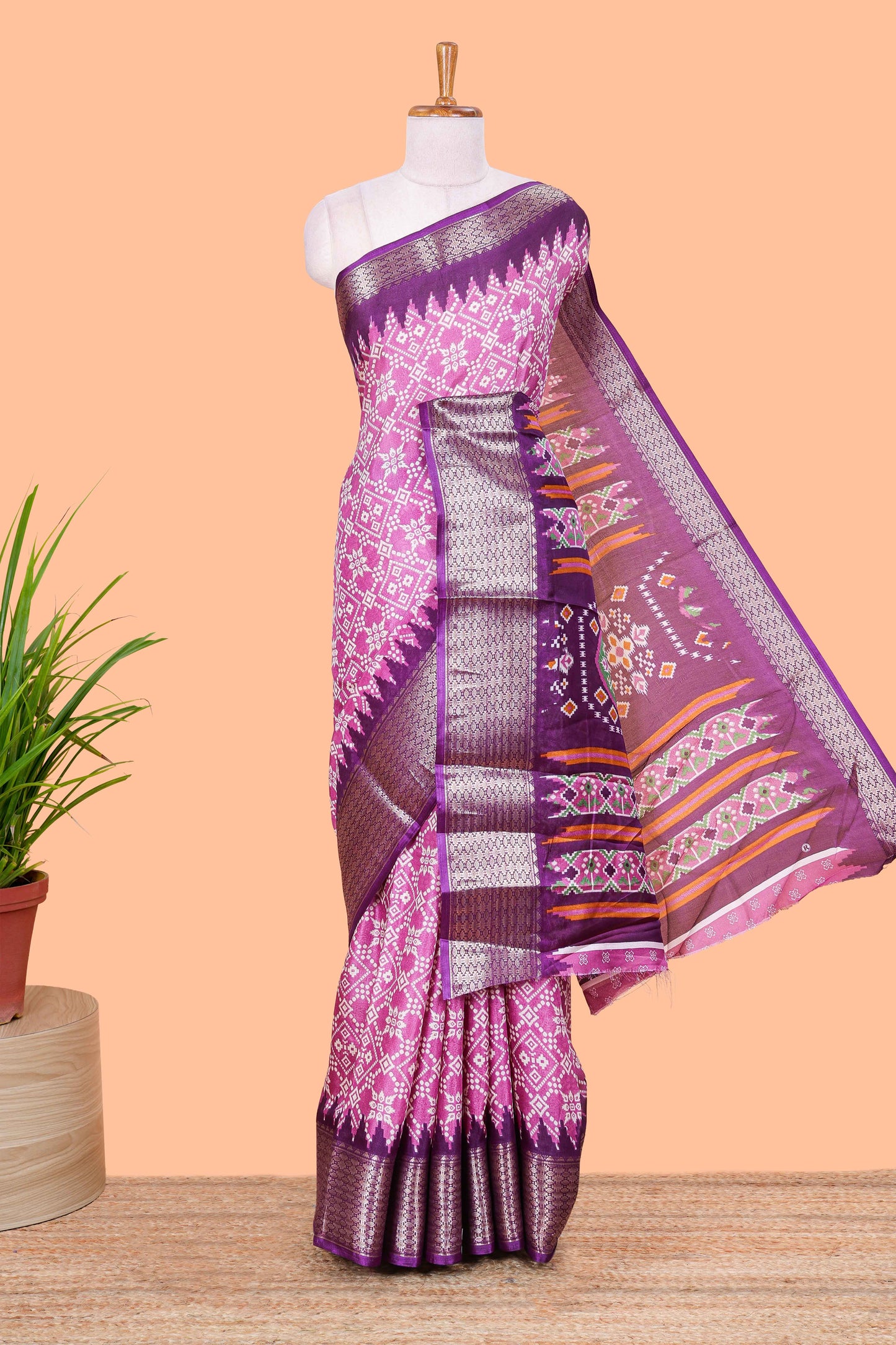 Lavender Semi Dola Silk Body Bandhini Style With Jacquard Border