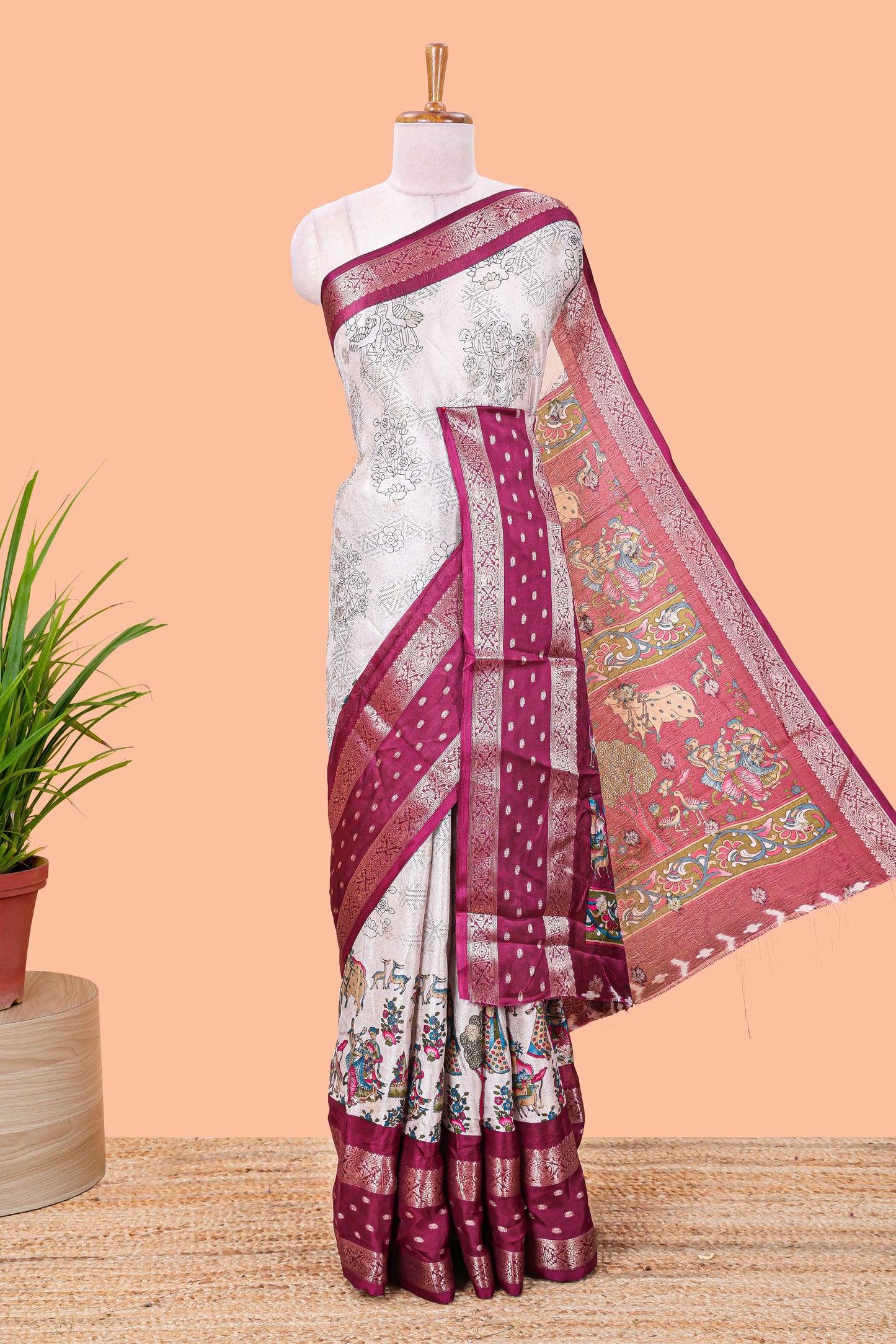 Wine Mars Georgette Body Floral Print With Contrast Bentex Border Above Kalamkari Print With Kalamkari Pallu